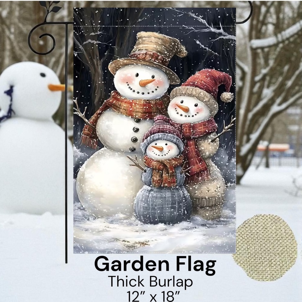 Garden Flag, 12”x18”, Winter 3 Snowman, Thick Burlap Polyester Double-sided